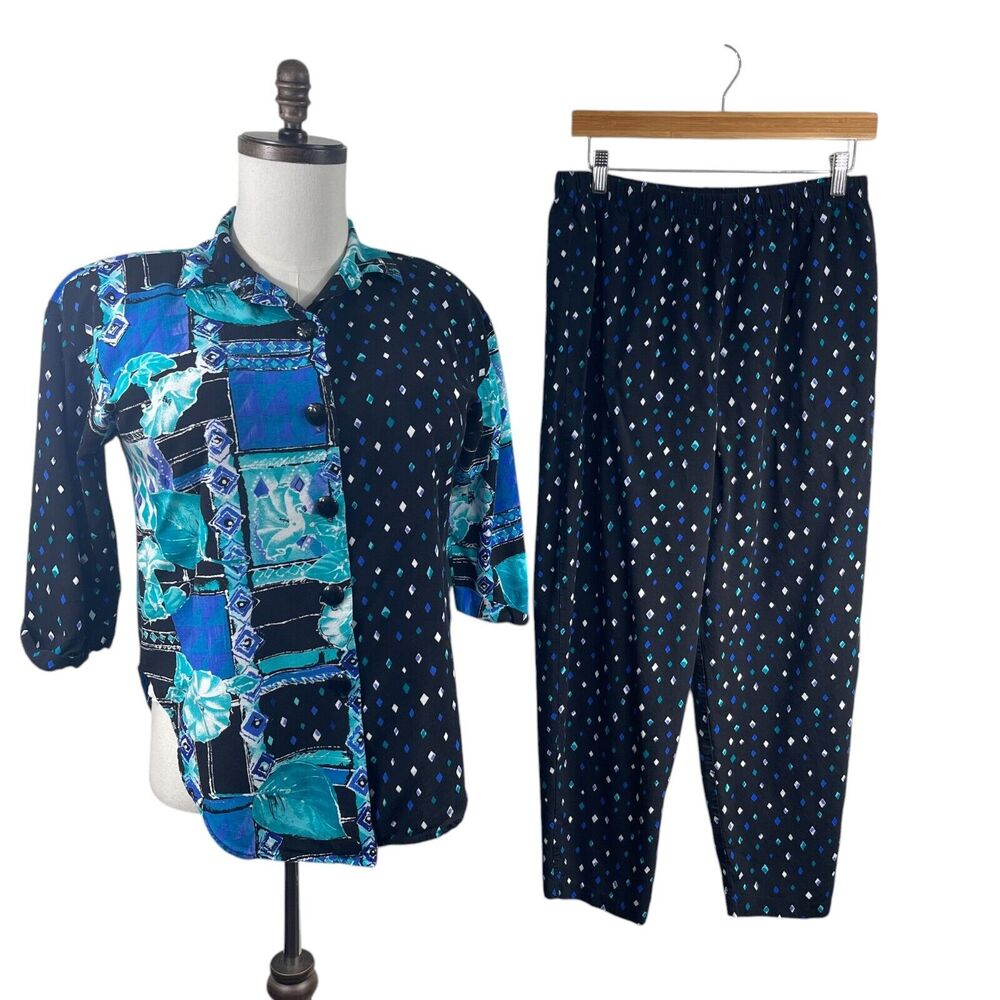 VTG 80's Button Up Blouse 12 Pant 16 Set Outfit Patchwork Rayon USA Cottage Boho